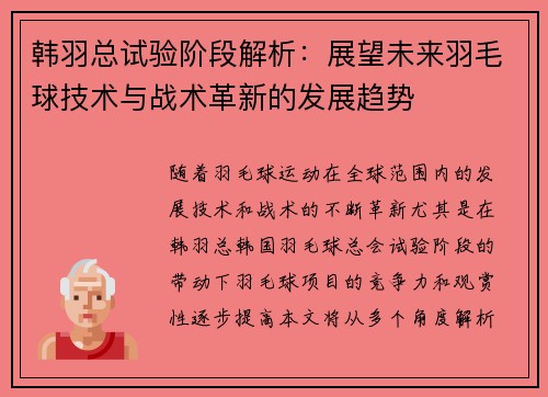 韩羽总试验阶段解析：展望未来羽毛球技术与战术革新的发展趋势