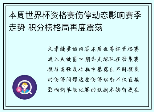 本周世界杯资格赛伤停动态影响赛季走势 积分榜格局再度震荡